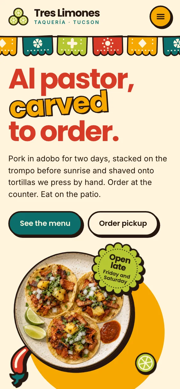 The first screen of the Tres Limones website on a phone. Taquería in Tucson, Arizona.